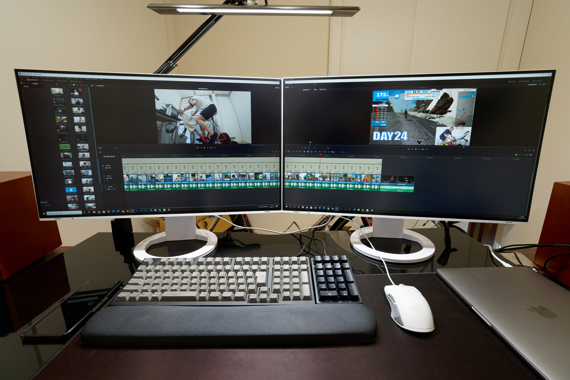 Efficiently editing video over an extensive workspace of 5120 x 1440 pixels.